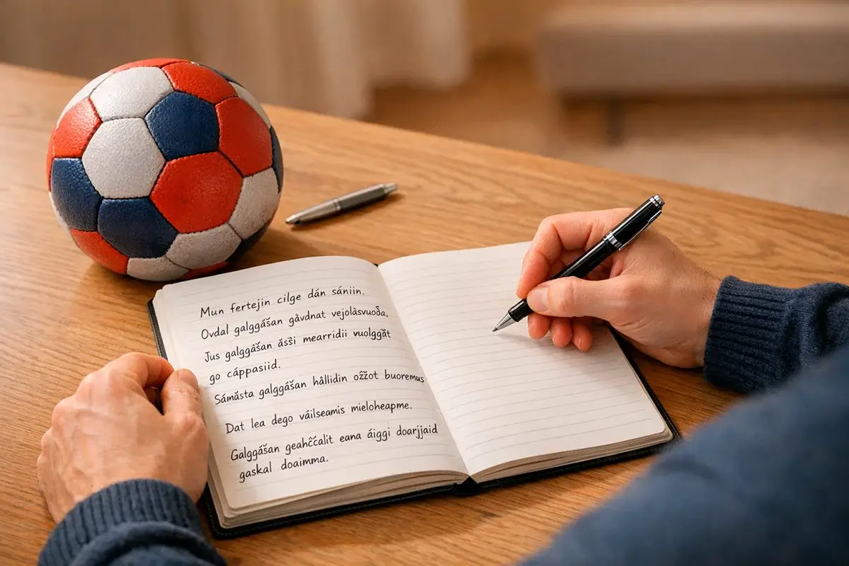 Person analyserar handbollsstatistik i ett anteckningsblock vid en skrivbord