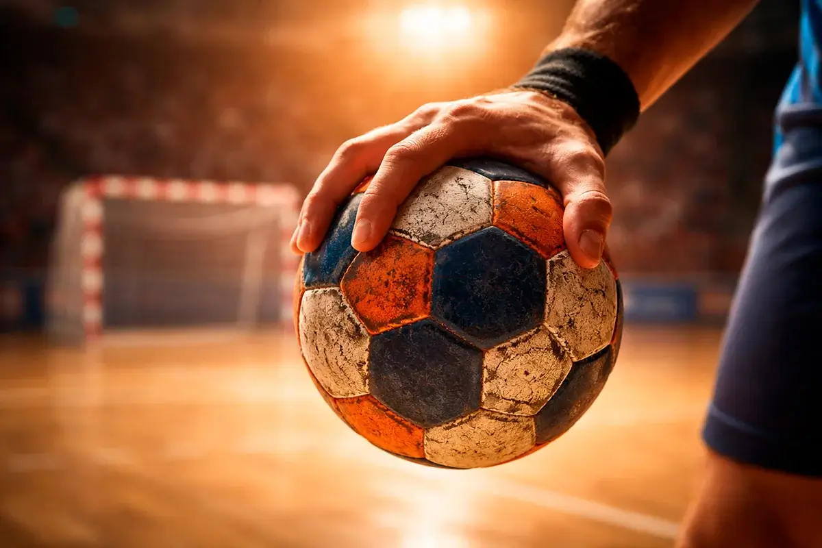 Handbollsspelare skjuter mot mål under en match i fullsatt arena