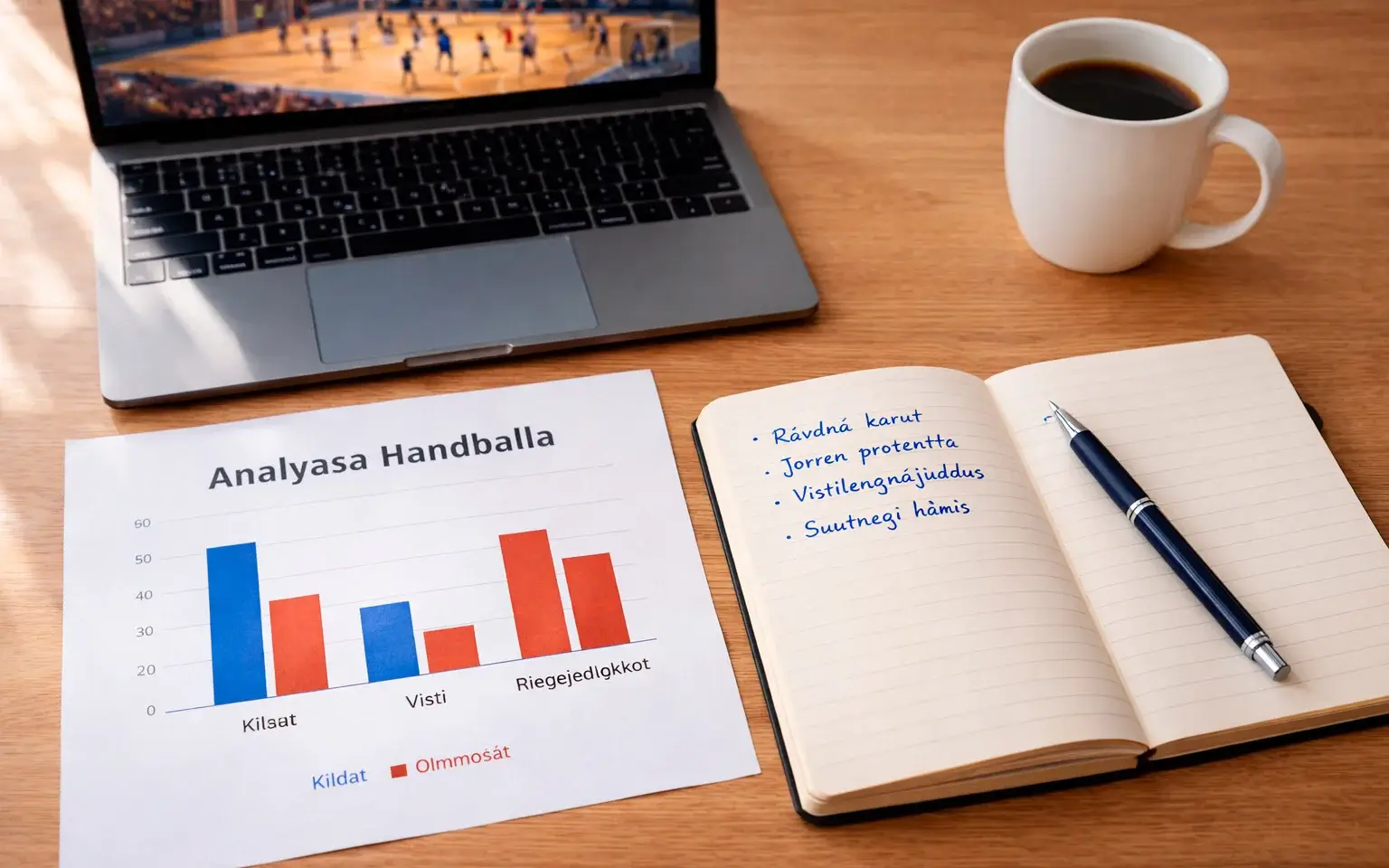 Person som analyserar handbollsstatistik och lagform vid ett skrivbord med anteckningar