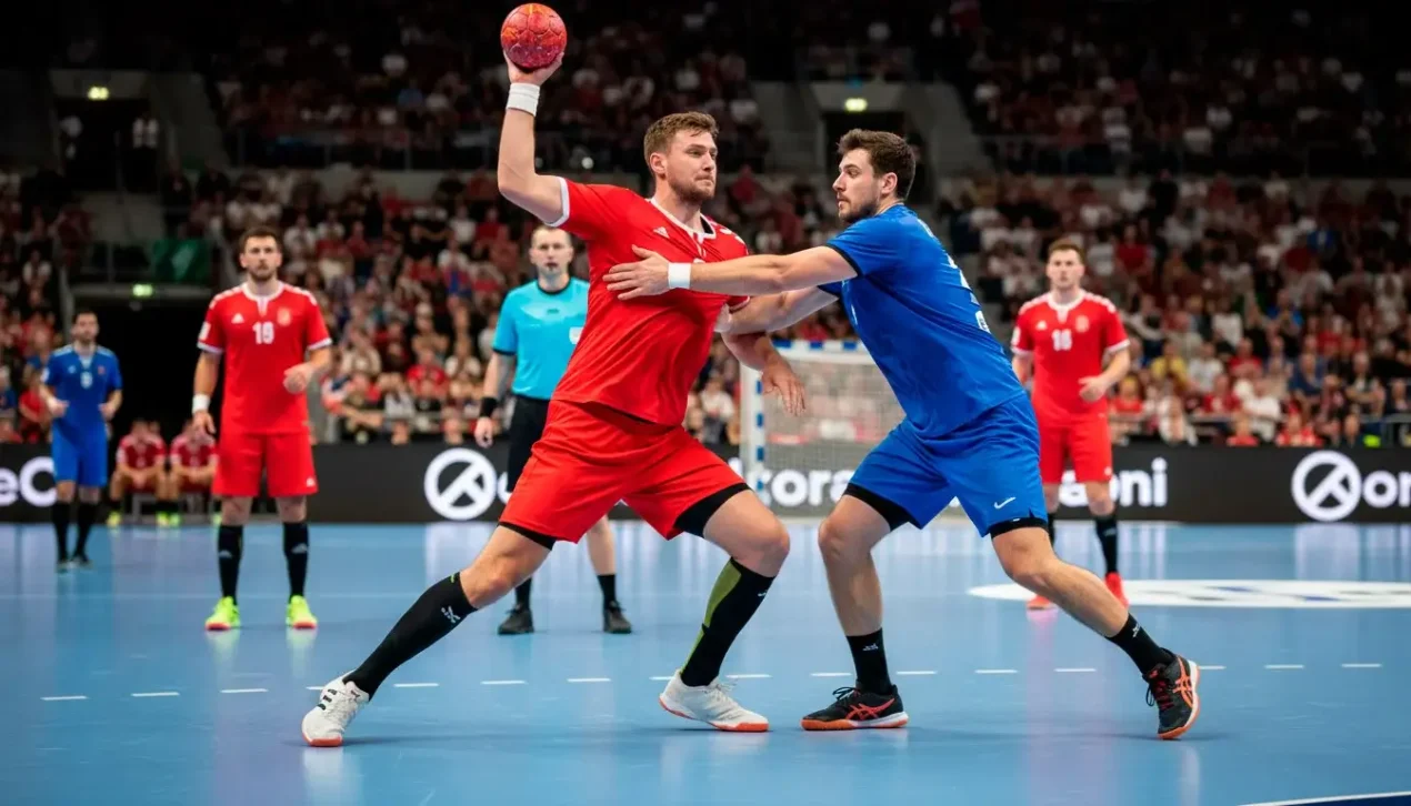 Handbollsspelare i landslagströja firar under ett internationellt mästerskap