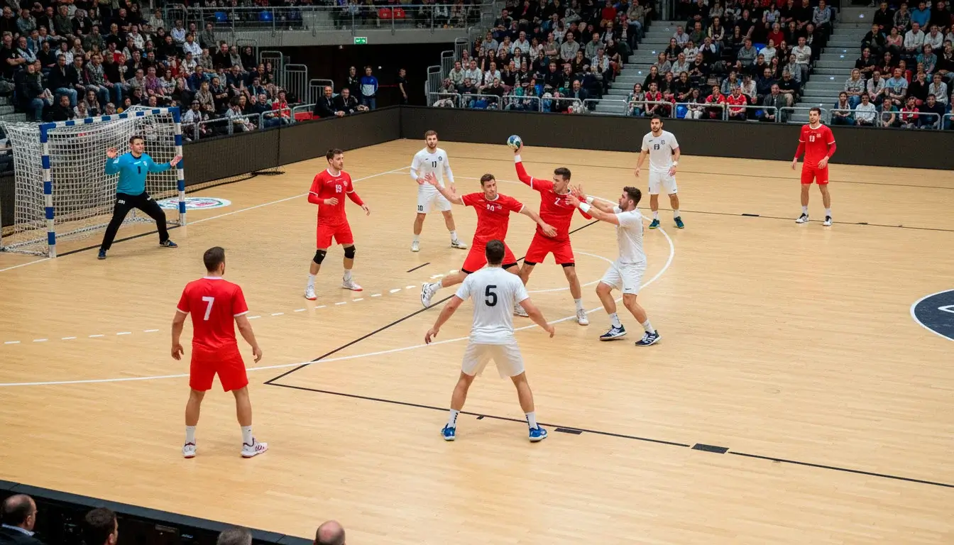 Två handbollslag på en inomhusplan under en intensiv match med publik i bakgrunden