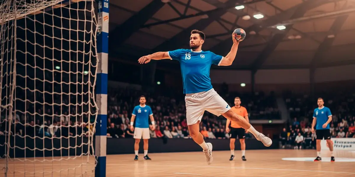 Handbollsspelare i anfall kastar bollen mot målet under en match