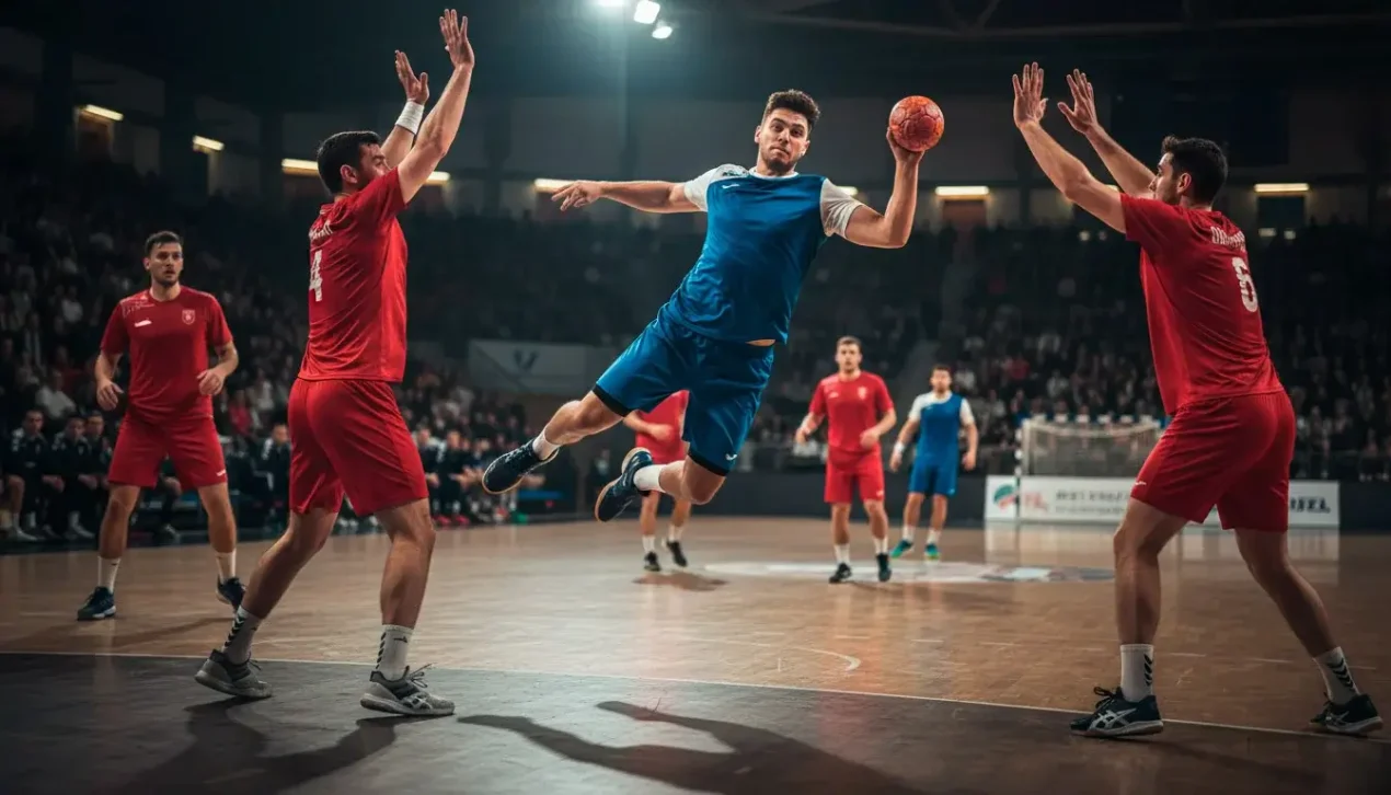 Handbollsspelare i aktion under en intensiv livematch i en upplyst arena